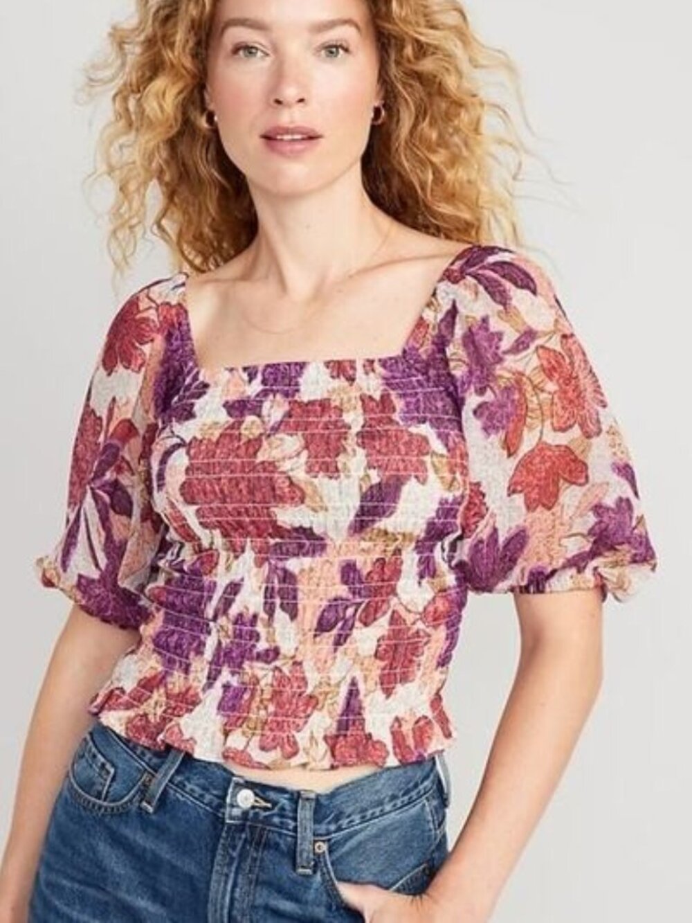 Old Navy Smocked Puff Sleeve Blouse Peasant Top Autumn Leaves Print Size Large